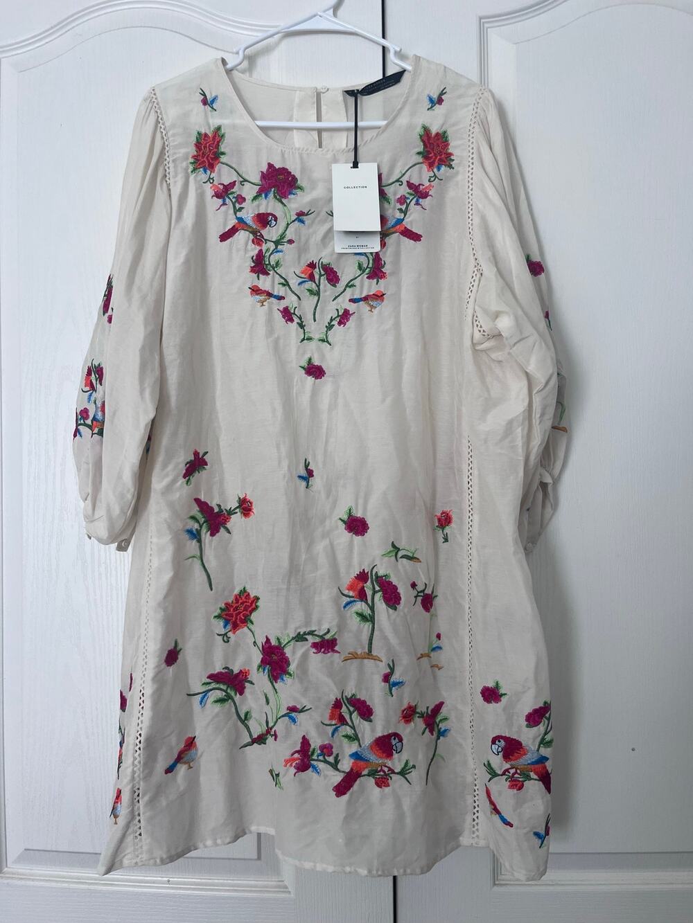 Zara Woman Boho Vibrant Floral Embroidery Tunic Dress Sheer Sz L Balloon Sleeve